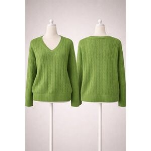 J.Crew Womens XL Green Cable Knit V-Neck Sweater Cashmere Angora Blend RN77388